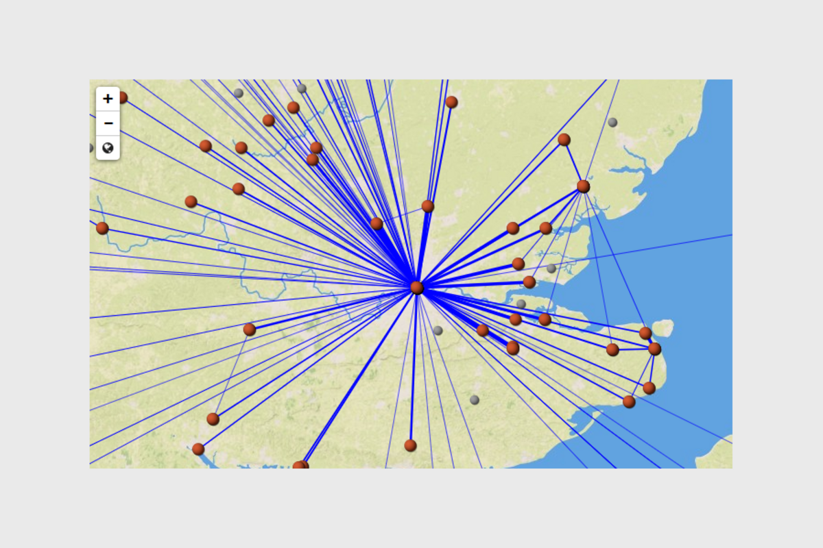 Visualisierung ausgewählter Bezüge zwischen Orten aus Angaben des Synxars von Konstantinopel 