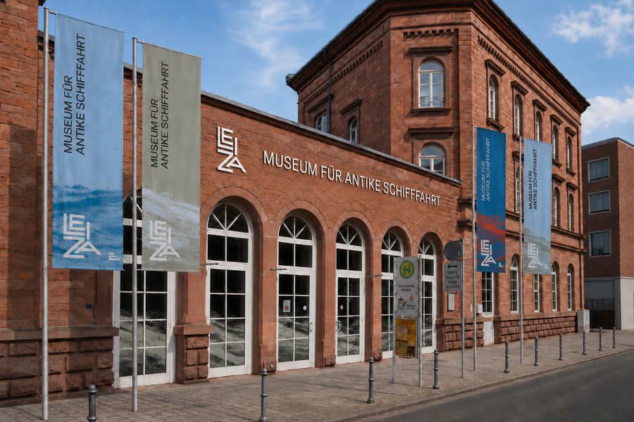Veranstaltungsbild Außenansicht des Museums für Antike Schifffahrt mit digital hinzugefügtem Schriftzug und Fahnen vor dem Gebäude.