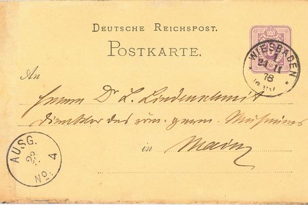 Postkarte von Karl August von Cohausen an Ludwig Lindenschmit vom 23.11.1878