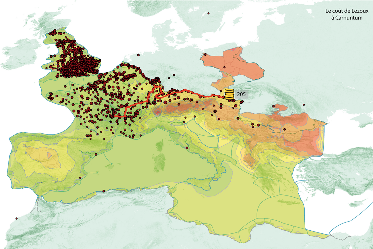 Visualisierung der Berechnung einer Transportroute von Terra Sigillata auf Basis von antiken Verkehrswegen, Relief und einem der Fundsituation angepassten Kostenmodell